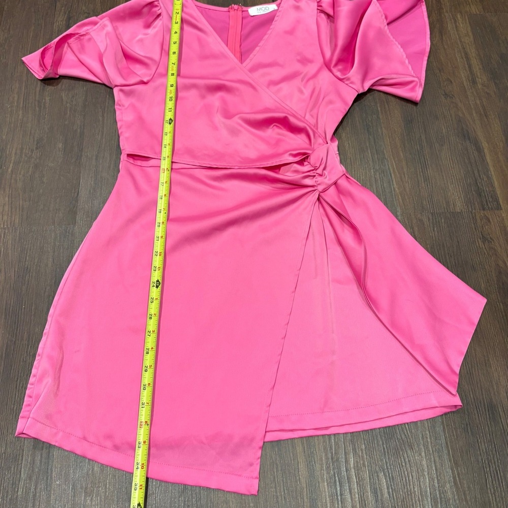 Bright Pink Satin Faux Wrap Mini Dress Flutter Sleeve Medium Dopamine Dressing